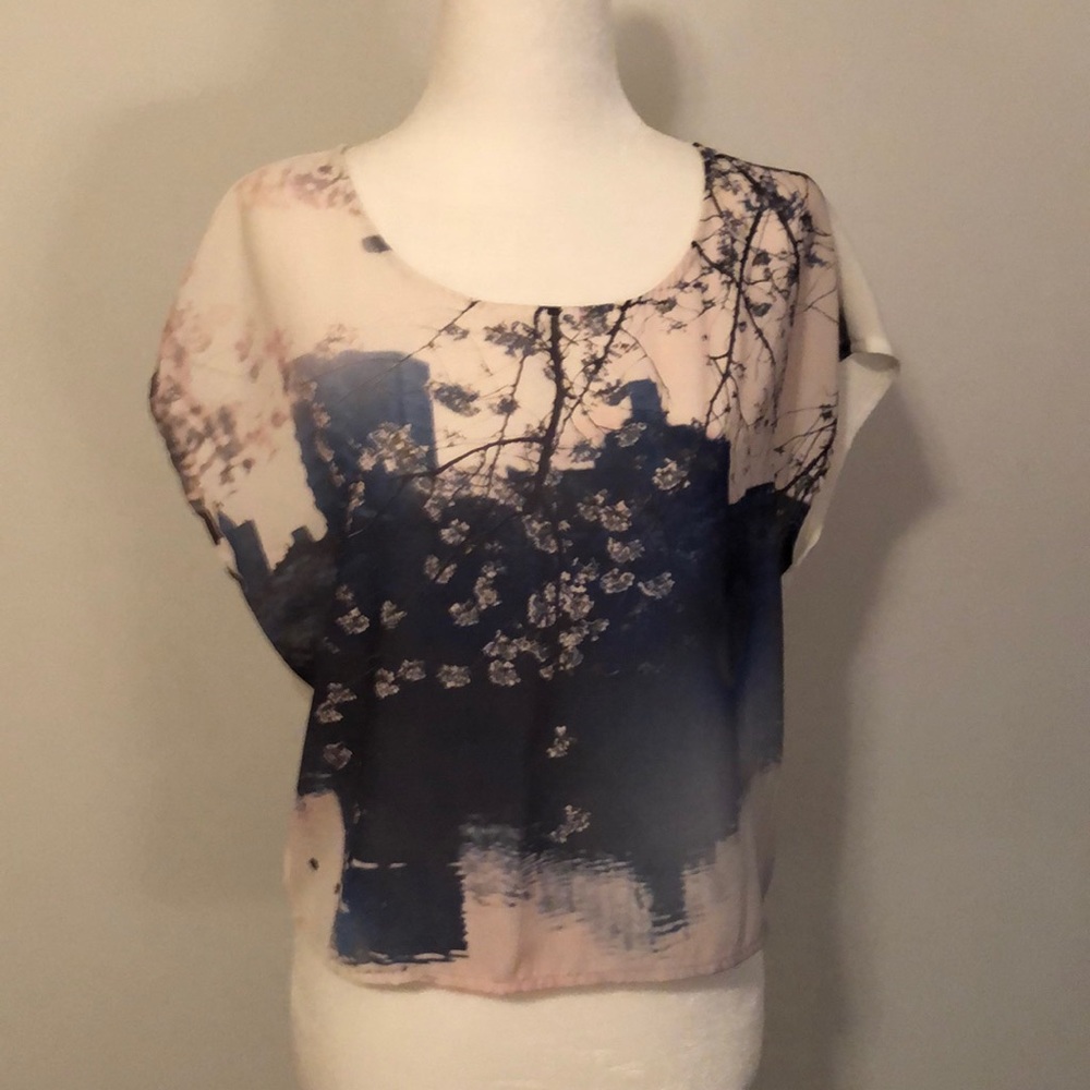 Cherry Blossom Watercolor Crop Button Back Blouse